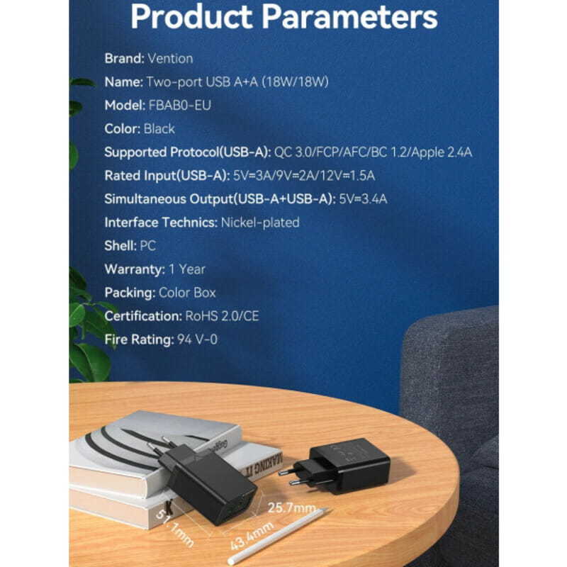 Сетевое зарядное устройство Vention USB Type A + QC3.0 (36W), Black (FBAB0-EU)