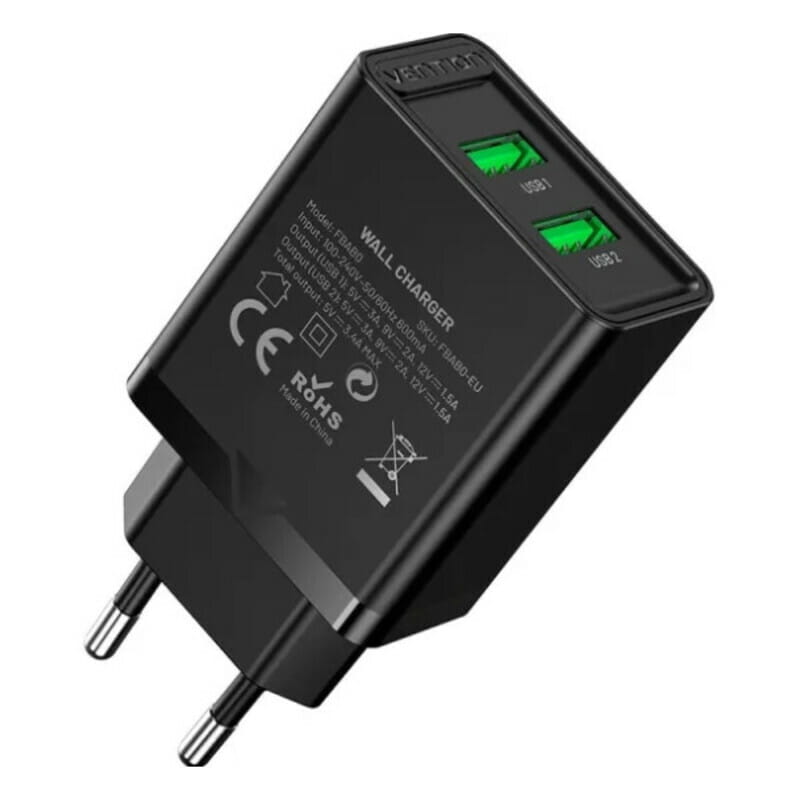 Сетевое зарядное устройство Vention USB Type A + QC3.0 (36W), Black (FBAB0-EU)