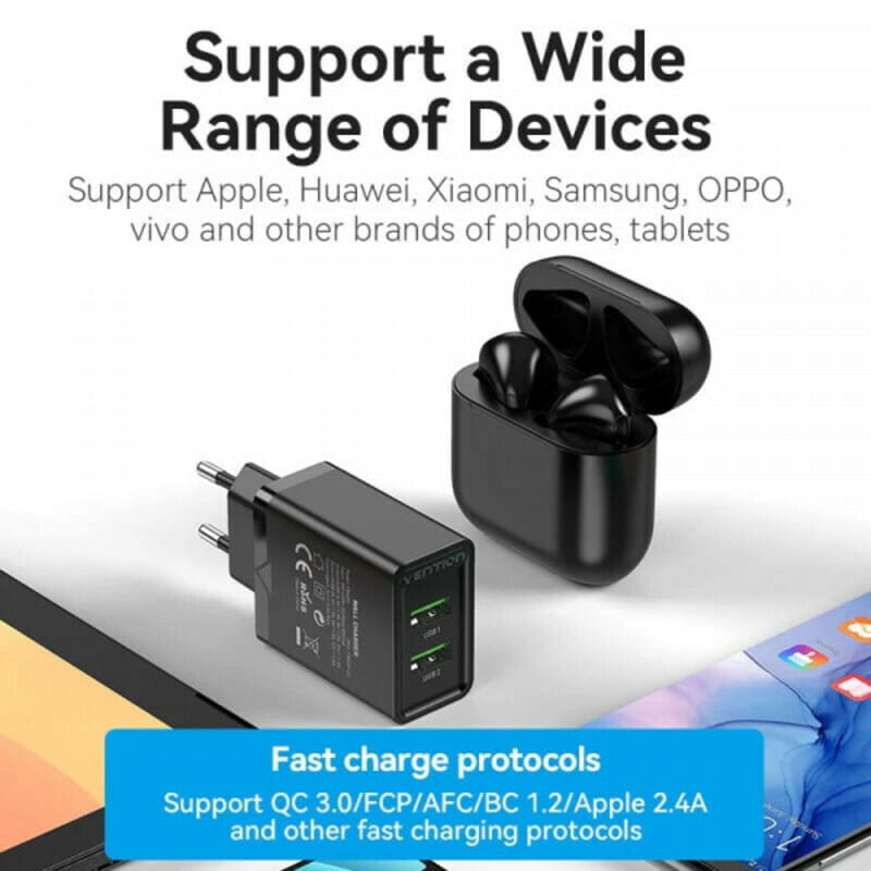 Сетевое зарядное устройство Vention USB Type A + QC3.0 (36W), Black (FBAB0-EU)