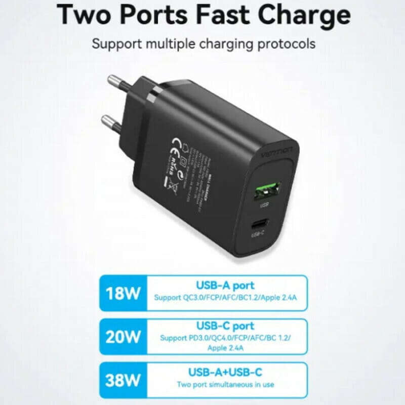 Мережевий зарядний пристрій Vention USB Type A + QC3.0 USB-C + QC4.0 (38W), Black (FBIB0-EU)