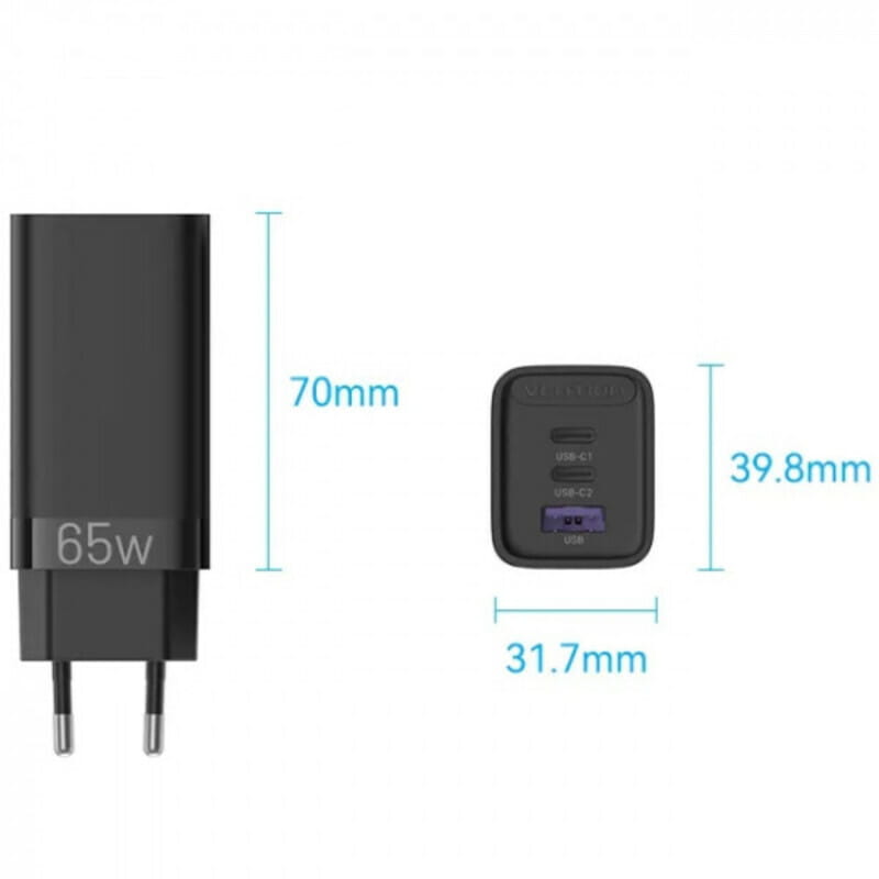 Мережевий зарядний пристрій Vention 2xUSB-C+USB-A PD3.0+QC4.0 + (65W), Black (FEDB0-EU)