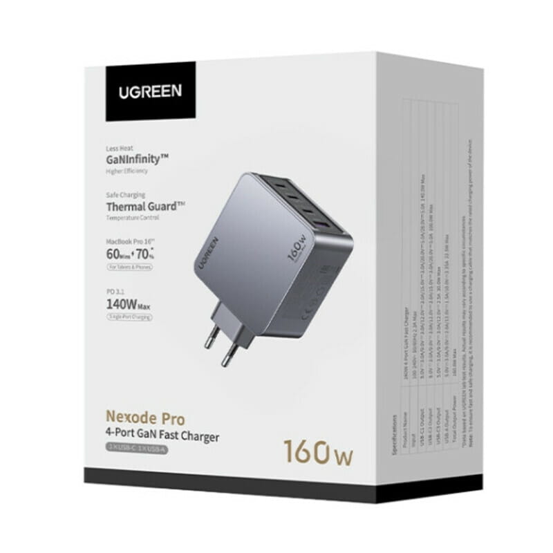 Зарядний пристрій Ugreen X763 160W (3xUSB-C + USB-A) Gan Nexode Pro Gray (25877)