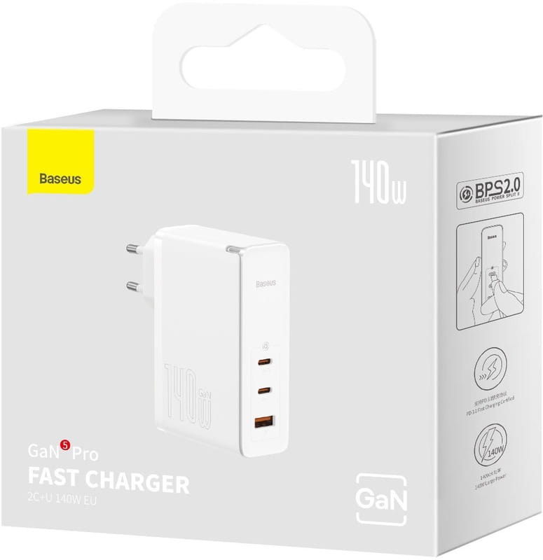 Мережевий зарядний пристрій Baseus GaN5 Pro (3USB, 5A) 140W White (CCGP100202) + кабель Type-C to Type-C