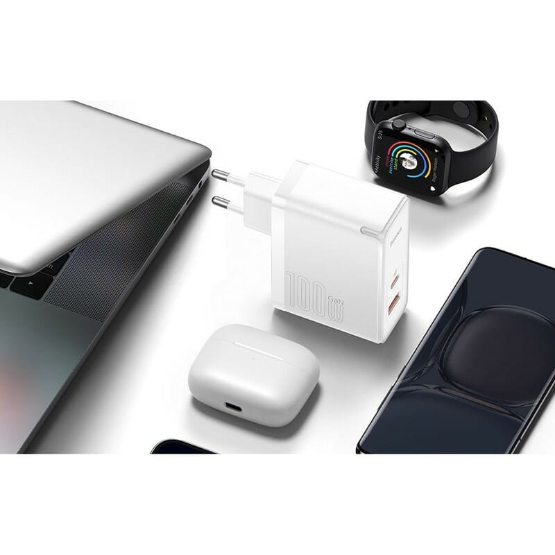 Мережевий зарядний пристрій Baseus GaN5 Pro (2USB, 5A) 100W White (CCGP090202) + кабель Type-C to Type-C