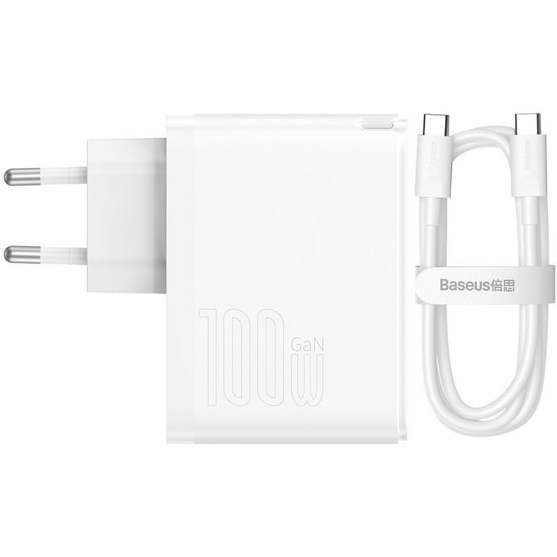 Мережевий зарядний пристрій Baseus GaN5 Pro (2USB, 5A) 100W White (CCGP090202) + кабель Type-C to Type-C