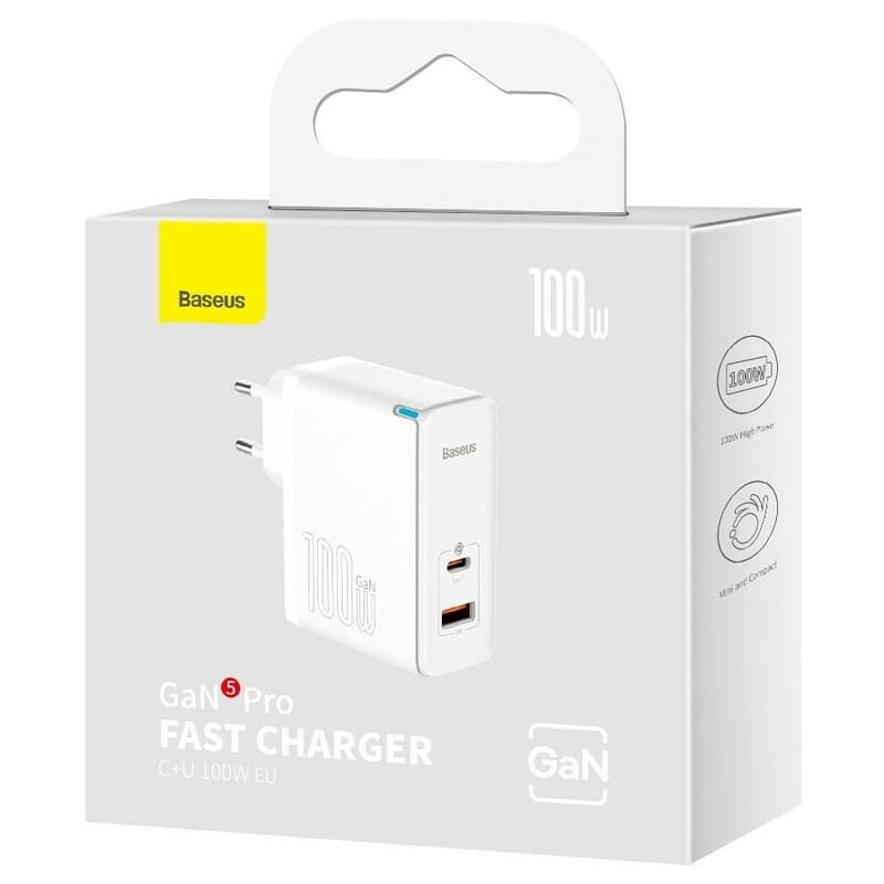 Мережевий зарядний пристрій Baseus GaN5 Pro (2USB, 5A) 100W White (CCGP090202) + кабель Type-C to Type-C