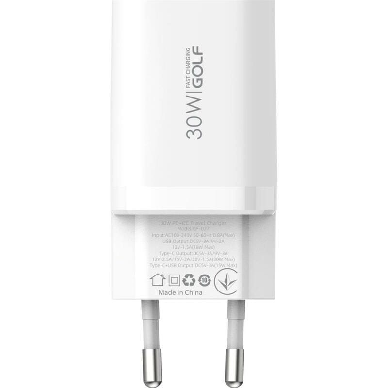 Мережевий зарядний пристрій Golf (2USB, 3A) 30W White (GF-U27W)