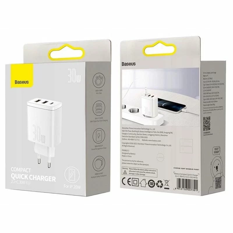 Мережевий зарядний пристрій Baseus Compact Quick Charger 30W QC+ PD (1Type-C + 2USB) White (CCXJ-E02)