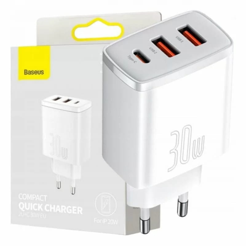 Мережевий зарядний пристрій Baseus Compact Quick Charger 30W QC+ PD (1Type-C + 2USB) White (CCXJ-E02)
