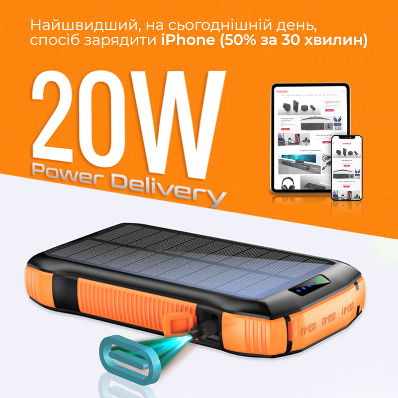 Универсальная мобильная батарея Promate SolarTank-20PDQI 20W 20000mAh Black