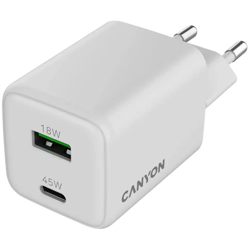 Сетевое зарядное устройство Canyon CU45AC GaN (2USB, 1A) PD, QC4.0 White (CNS-CUW45AC)