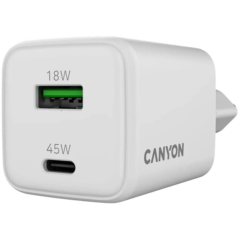 Сетевое зарядное устройство Canyon CU45AC GaN (2USB, 1A) PD, QC4.0 White (CNS-CUW45AC)