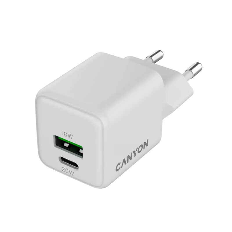 Сетевое зарядное устройство Canyon CU20AC GaN (2USB, 0.6A) PD, QC 4.0 White (CNS-CUW20AC)