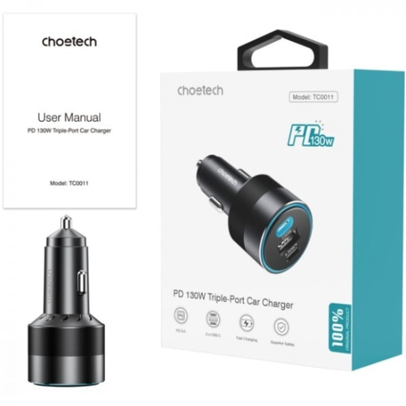 Автомобільний зарядний пристрій Choetech (2xUSB-C+USB-A) PD3.0 100W Black (TC0011-BK)