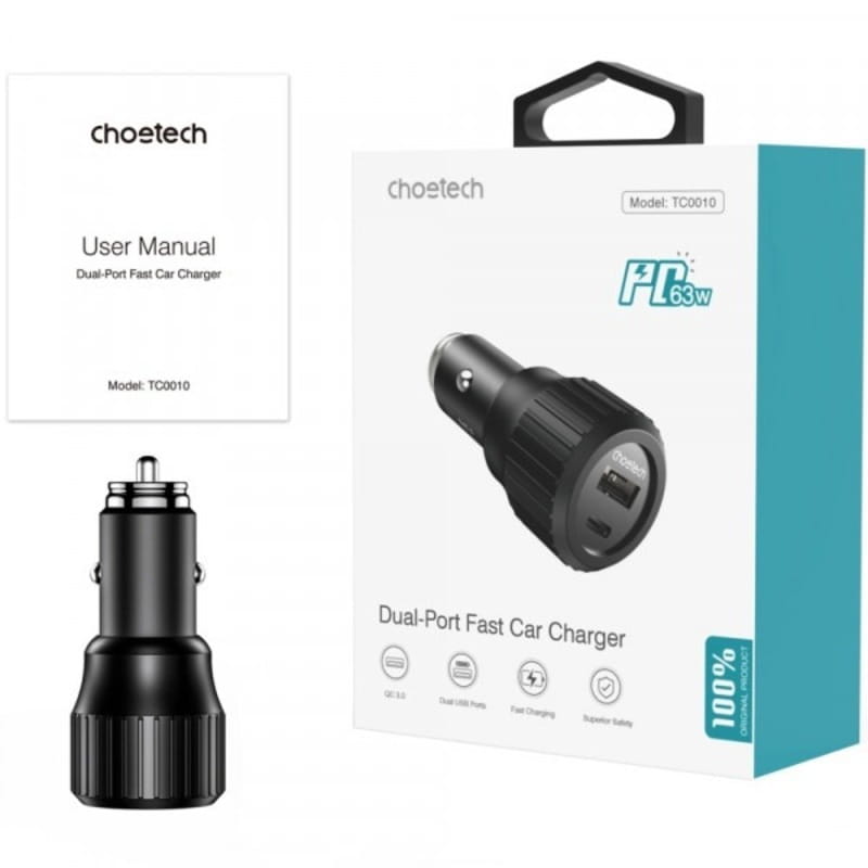 Автомобильное зарядное устройство Choetech (1USB Type C 45W; 1USB 18W) PD3.0 QC3.0 Black (TC0010-BK)