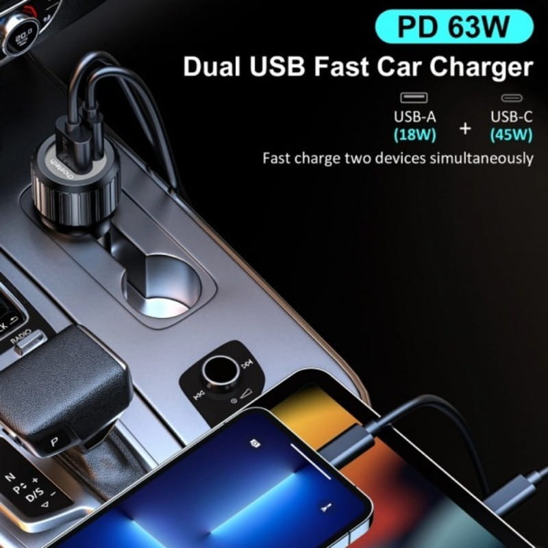 Автомобильное зарядное устройство Choetech (1USB Type C 45W; 1USB 18W) PD3.0 QC3.0 Black (TC0010-BK)