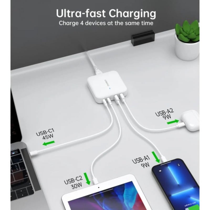 Сетевое зарядное устройство Choetech GaN (2хUSB-C+2хUSB-A) 100W PD 3.0 QC 3.0 White (PD8008-EU-WH)