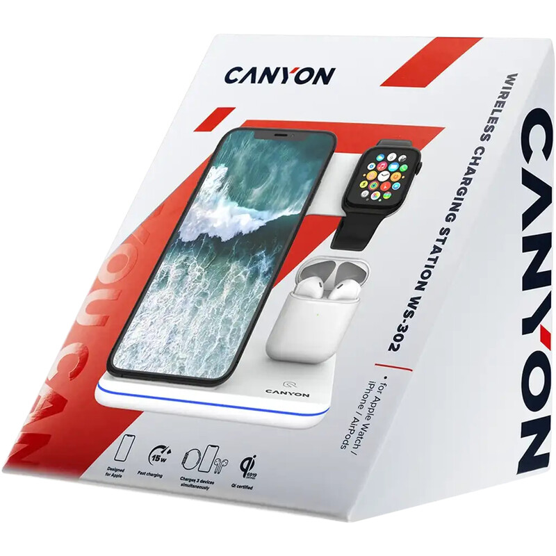 Беспроводное зарядное устройство Canyon WS-302 15W 3in1 Black (CNS-WCS302B)