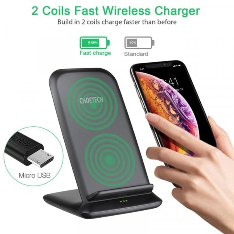 Бесповодное зарядное устройство Choetech Fast Wireless Charging Stand 2coils Black (T555-F-BK)