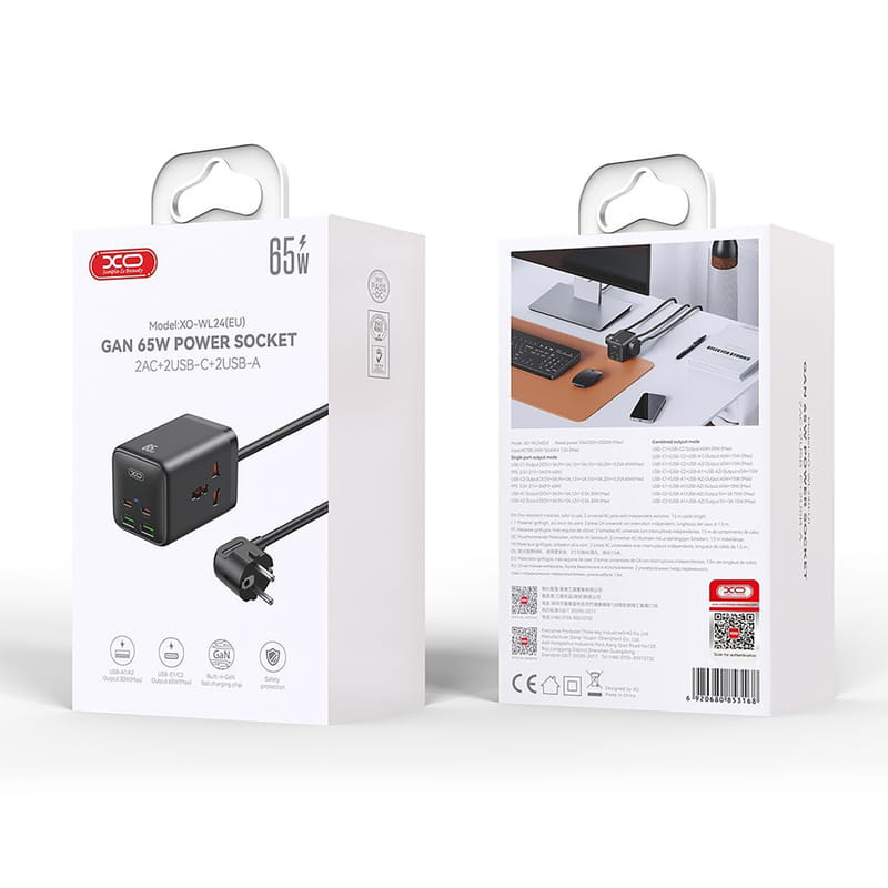 Сетевой фильтр XO (WL24.black) 2 розетки, 2 х USB, 2 x USB-C, 1.5 м, Black