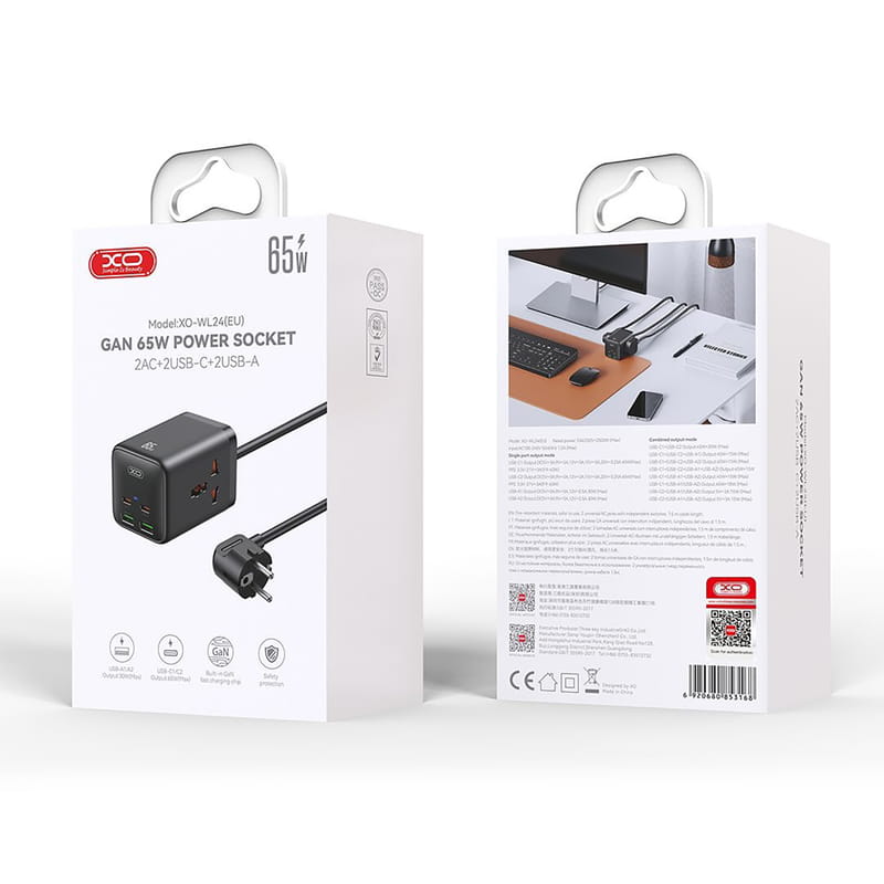 Мережевий фільтр XO (WL24.black) 2 розетки, 2 х USB, 2 x USB-C, 1.5 м, Black