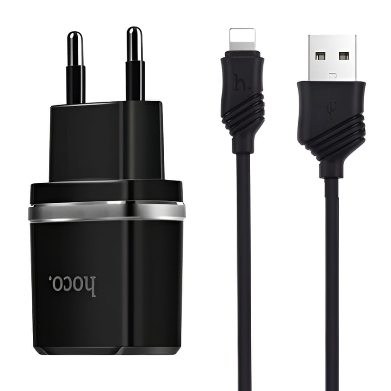 Мережевий зарядний пристрій Hoco C12 Smart 2.4A 2USB Black (S23146) + кабель Lightning