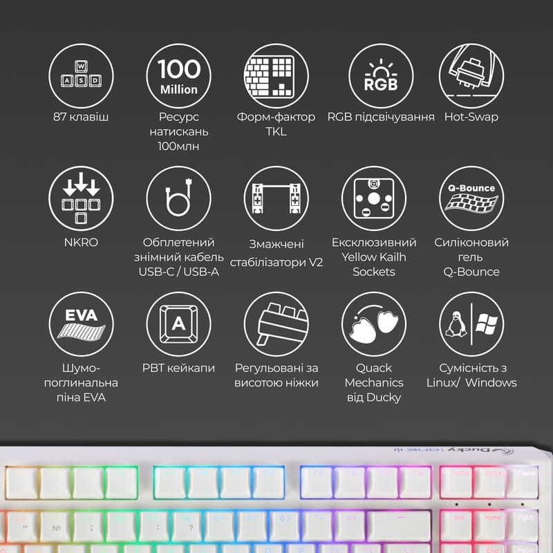 Клавиатура Ducky One 3 TKL Cherry MX Speed Silver RGB UA USB White (DKON2187ST-PUAPXPWWWSC1)