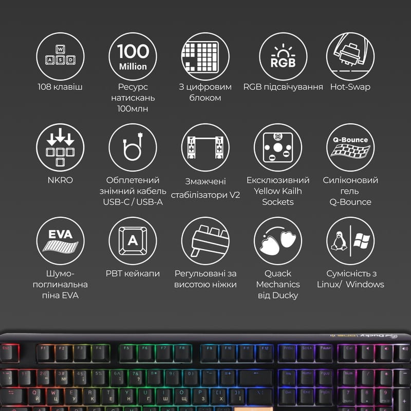 Клавіатура Ducky One 3 TKL Cherry MX Blue RGB UA USB Black (DKON2187ST-CUAPXCLAWSC1)