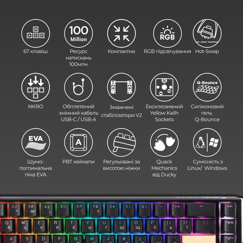 Клавиатура Ducky One 3 SF Cherry MX Brown RGB UA USB Black (DKON2167ST-BUAPXCLAWSC1)