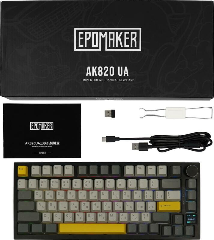 Клавіатура бездротова Epomaker AK820 Pro 75% Gift Switch Hot-Swap (2.4G/BT/USB) LCD Screen RGB UA Black (AK820-PRO-B-G)