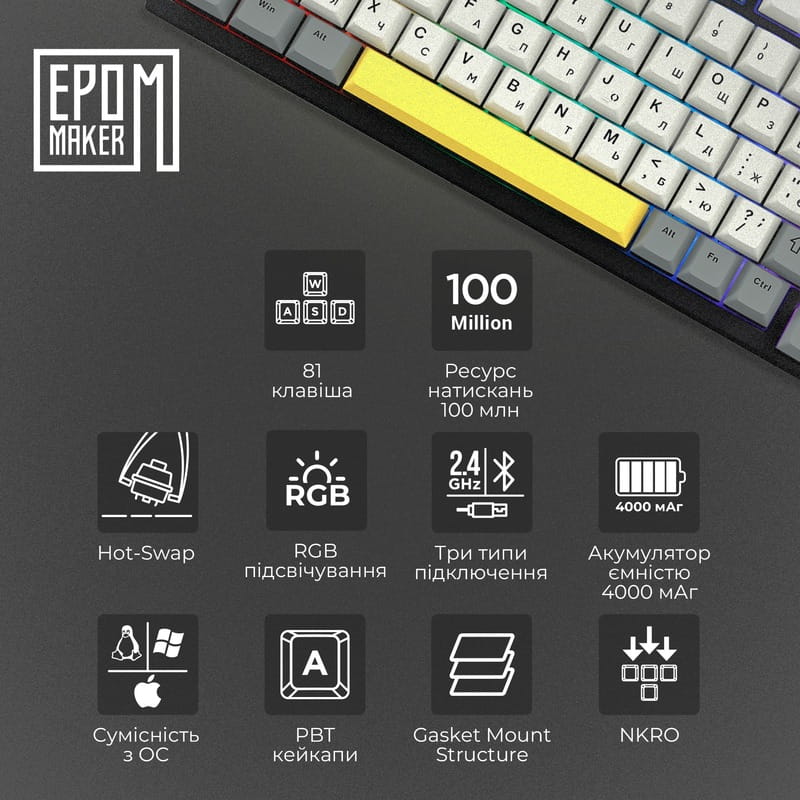 Клавиатура беспроводная Epomaker TH80 SE 75% Budgerigar V2 Switch Hot-Swap (2.4G/BT/USB) RGB UA Black (TH80-SE-B-BV2)
