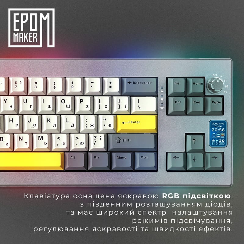 Клавіатура бездротова Epomaker Shadow-X 70% Flamingo Switch Hot-Swap (2.4G/BT/USB) LCD Screen RGB UA Black (SHX-B-F)