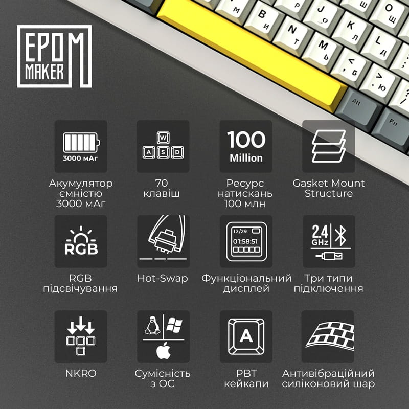 Клавіатура бездротова Epomaker Shadow-X 70% Wisteria Linear Switch Hot-Swap (2.4G/BT/USB) LCD Screen RGB UA White (SHX-W-WL)