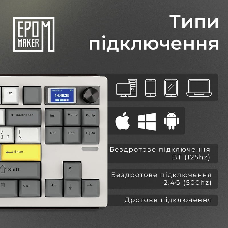 Клавіатура бездротова Epomaker Shadow-S TKL Mulan Switch Hot-Swap (2.4G/BT/USB) LCD Screen RGB UA White (SHS-W-M)