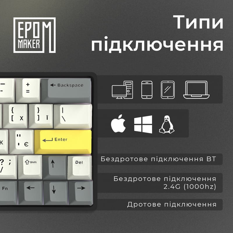 Клавіатура бездротова Epomaker EP64 60% Mulan Switch Hot-Swap (2.4G/BT/USB) RGB UA Black (EP64-B-M)