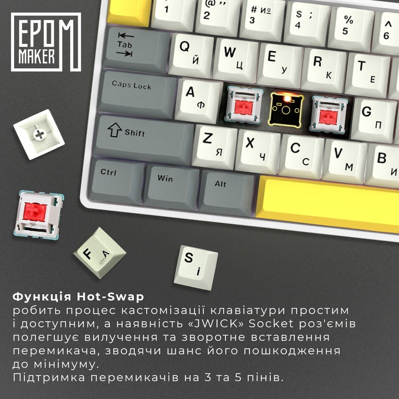 Клавіатура бездротова Epomaker EP64 60% Mulan Switch Hot-Swap (2.4G/BT/USB) RGB UA White (EP64-W-M)