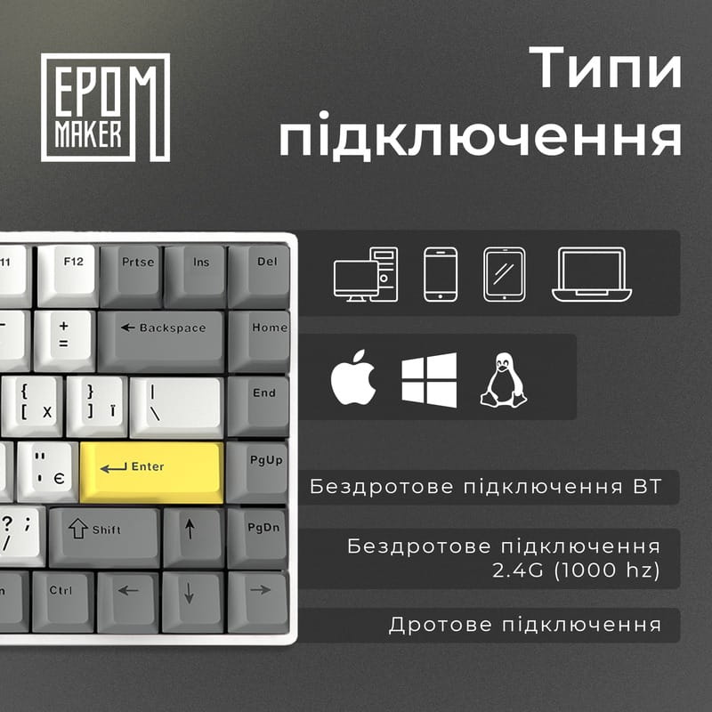 Клавіатура бездротова Epomaker EP84 Plus 75% Wisteria Linear Switch Hot-Swap (2.4G/BT/USB) RGB UA White (EP84-W-WL)