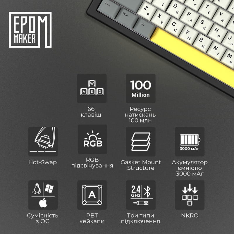 Клавиатура беспроводная Epomaker EK68 65% Flamingo Switch Hot-Swap (2.4G/BT/USB) RGB UA Black (EK68-B-F)