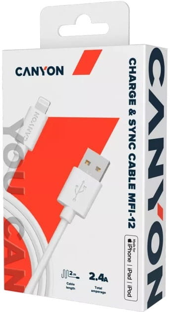 Кабель Canyon MFI-12 USB - Lightning (M/M) 2 м, White (CNS-MFIC12W)