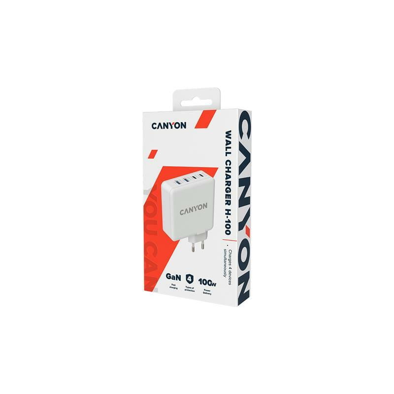 Мережевий зарядний пристрій Canyon H-100 (4USB) GaN PD 100W QC3.0 White (CND-CHA100W01)