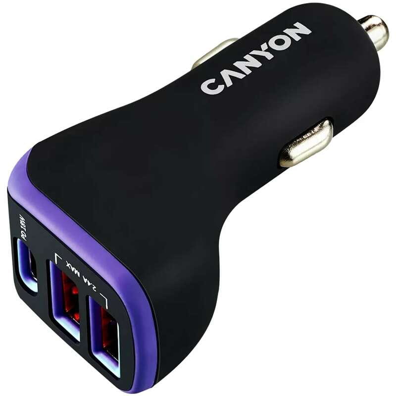 Автомобильний зарядний пристрій Canyon C-08 (3USB, 2.4A) Black Purple (CNE-CCA08PU)