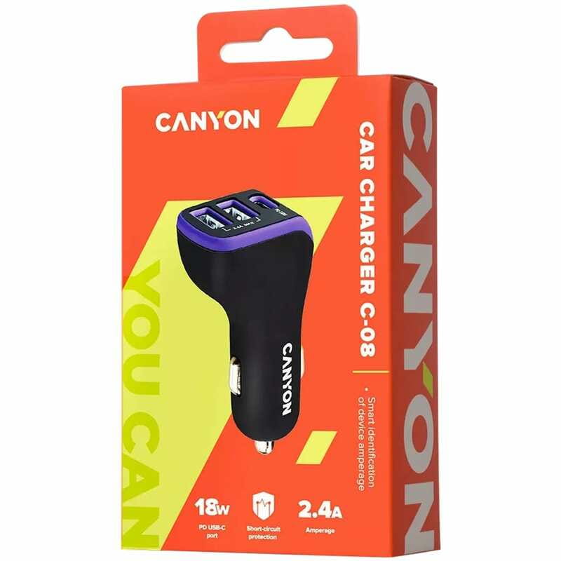 Автомобильний зарядний пристрій Canyon C-08 (3USB, 2.4A) Black Purple (CNE-CCA08PU)