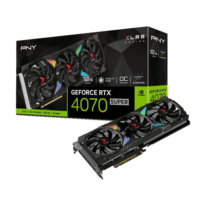 Відеокарта GF RTX 4070 Super 12GB GDDR6X XLR8 Gaming Verto Epic-X RGB OC Triple Fan DLSS 3 PNY (VCG4070S12TFXXPB1-O)