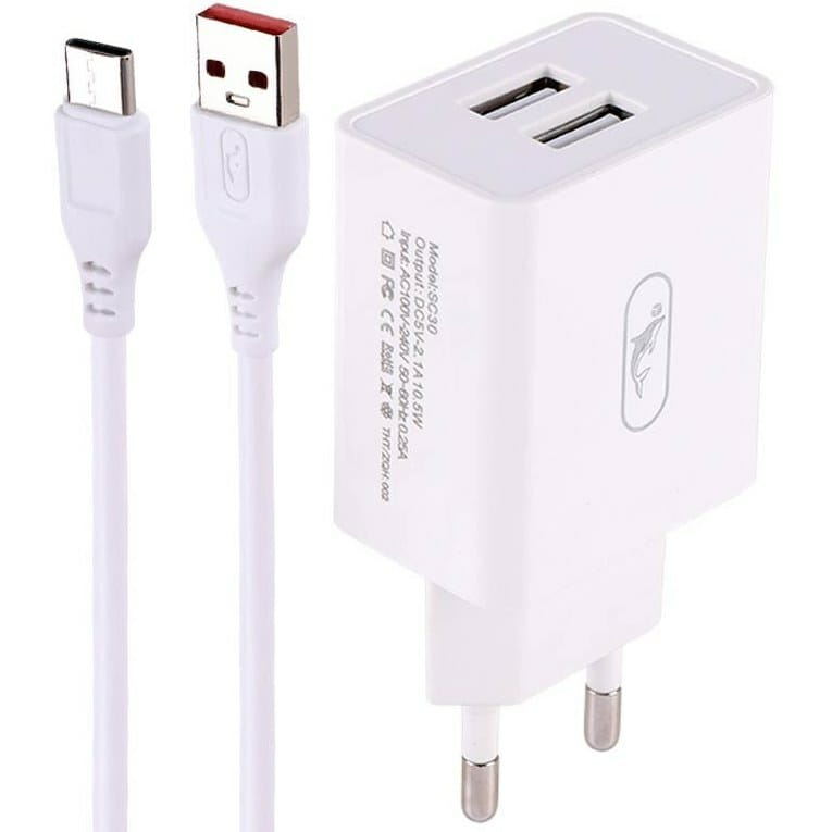 Зарядное устройство SkyDolphin SC30T (2USB, 2.1A) White (SDMZP-000113) + кабель Type-C