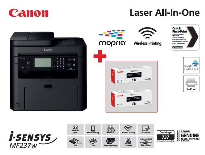 МФУ А4 ч/б Canon i-SENSYS MF237w c Wi-Fi (1418C161AA) + 2 картриджа Canon 737