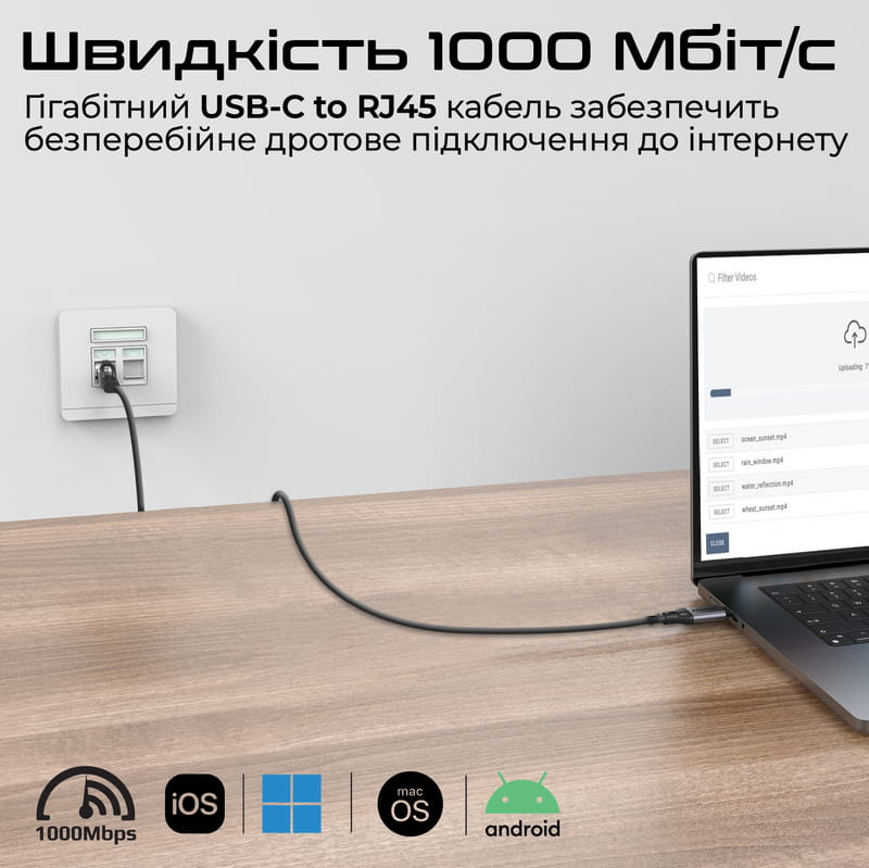 КабеКабель Promate USB Type-C - RJ-45, 5 м, Black (clink-rj45)