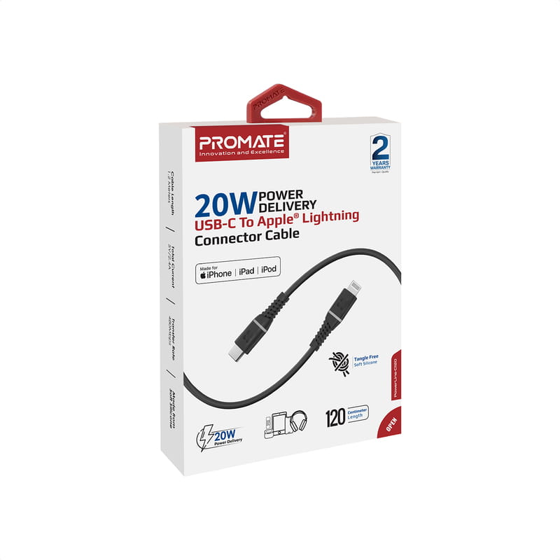 Кабель Promate USB Type-C - Lightning (M/M), 2.2 A, 20 W, 1.2 м, PowerLine-Ci120 Black