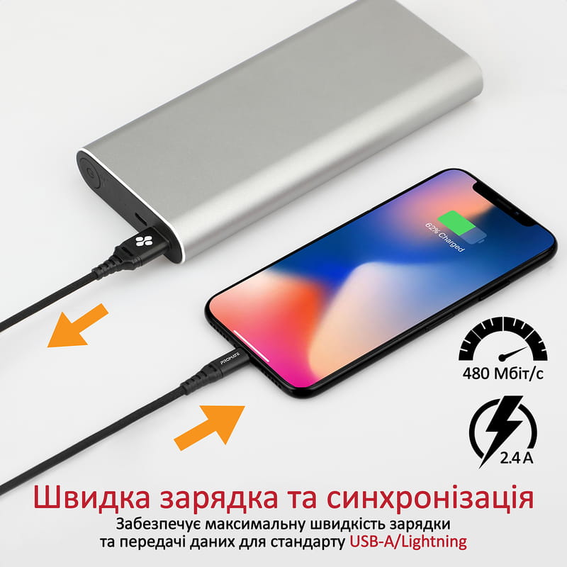 Кабель Promate USB - Lightning (M/M), 2.4 A, 1.2 м, NerveLink-i Black (nervelink-i.black)