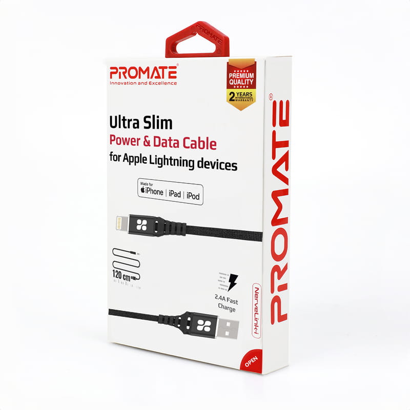 Кабель Promate USB - Lightning (M/M), 2.4 A, 1.2 м, NerveLink-i Black