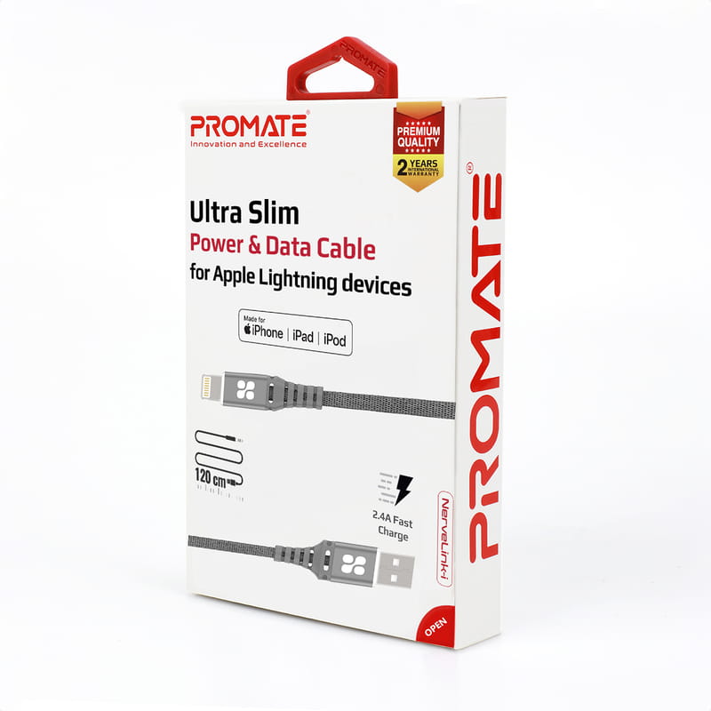 Кабель Promate USB - Lightning (M/M), 2.4 A, 1.2 м, NerveLink-i Grey (nervelink-i.grey)